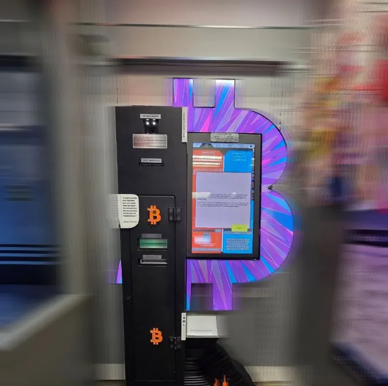 Bitcoin ATM at Corso Elvezia 16 in Lugano with purple and blue Bitcoin backdrop.