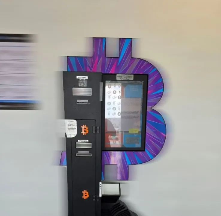 Bitcoin ATM at Via Francesco Borromini 6 in Mendrisio with purple geometric backdrop.