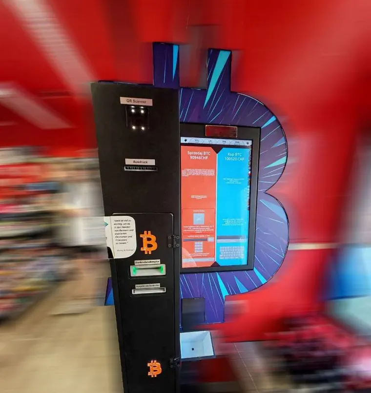 Bitcoin ATM at Limmatstrasse 197 in Zurich with a red and purple backdrop.